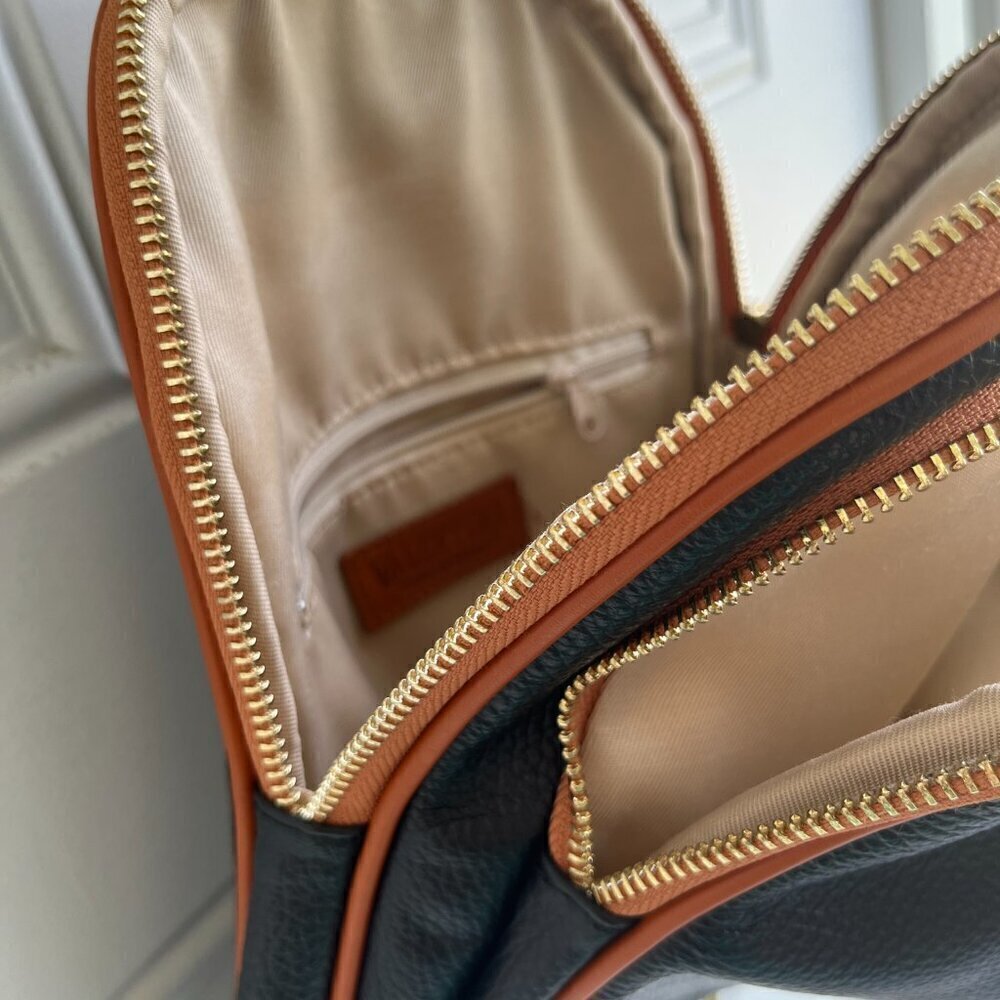 Valentina Italy Genuine Pebble Leather Convertible Backpack - Black/Tan - Picture 8 of 15